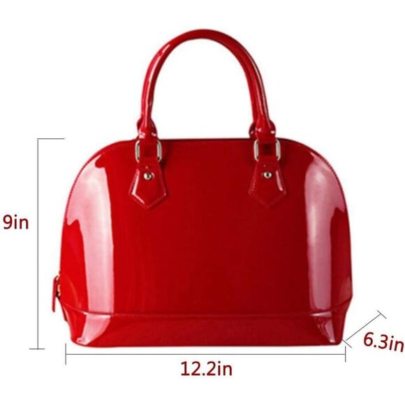 Patent Leather Dome Satchel Purse Black Large Zipper Shoulder Handbag with Multi - Picture 3 of 7